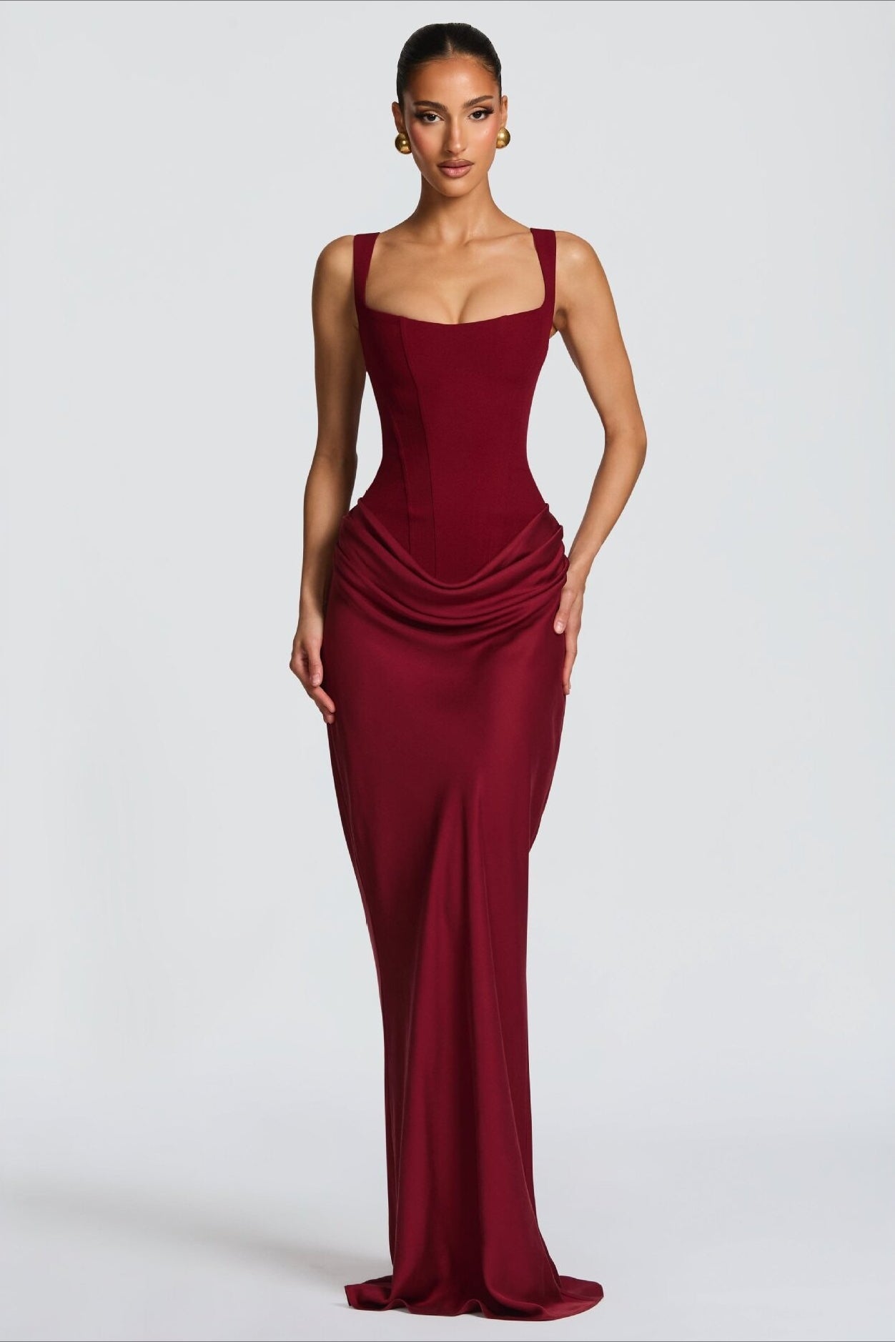 Solid Square Neck Ruched Panel Bodycon Party Dress