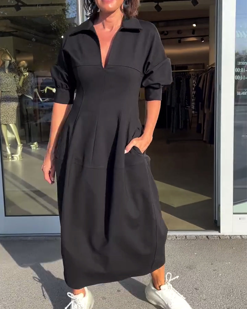 Black Collared V-Neck Puff Sleeve Pocket Cocoon Midi Dress