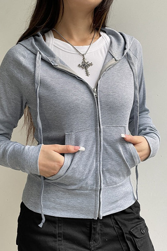 Gray Hooded ZipUp Cropped Hoodie