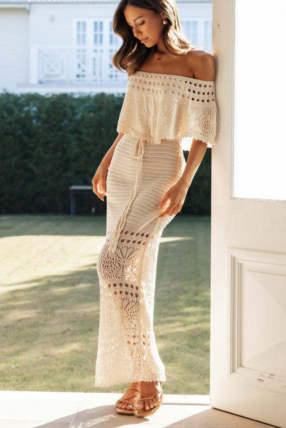 Off Shoulder Crochet Knit Drawstring Waist Tassel Maxi Dress 4