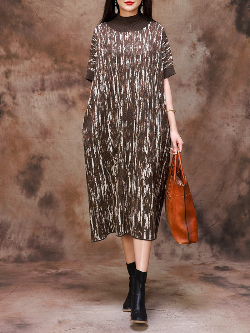 Mock Neck Abstract Print Short Sleeve Loose Knit Midi Dress 6