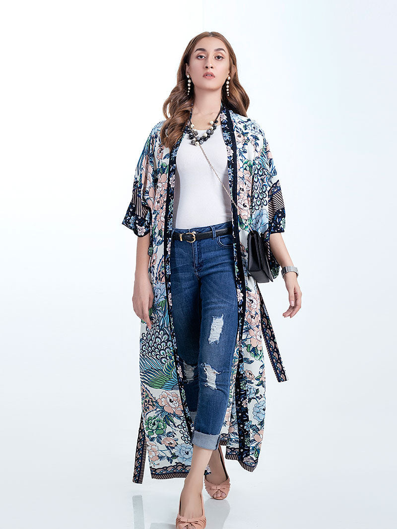 Floral Peacock Print Open Front Long Kimono Duster