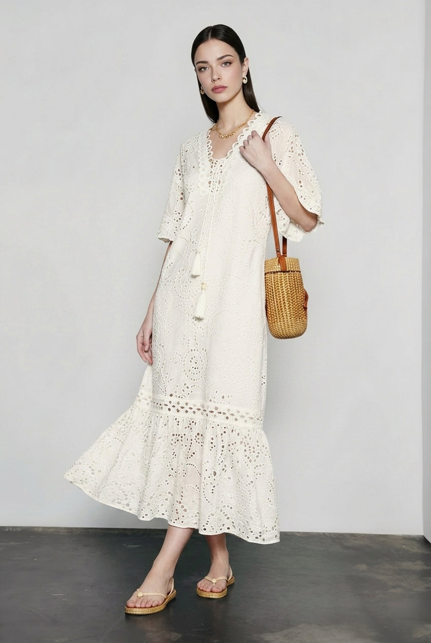 Embroidered Puff Sleeve White Midi Vacation Dress