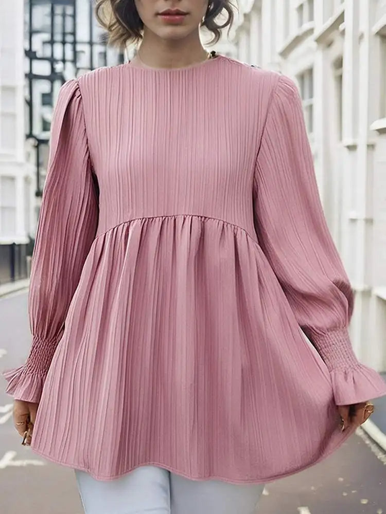 Lantern Long Sleeve Pleated Blouse Casual Blouse Pink / S blouse-250126