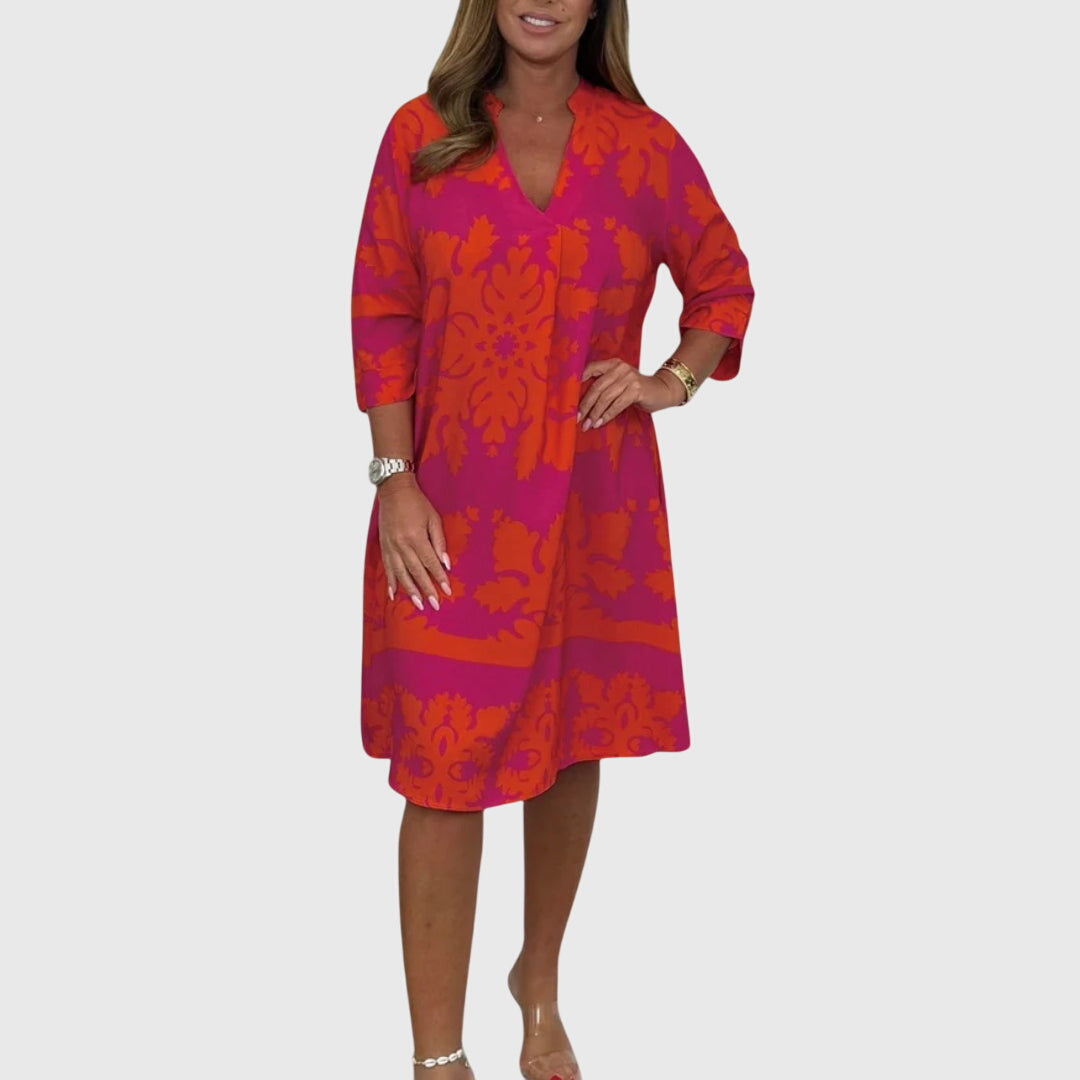 Split Neck Three-Quarter Sleeve Damask Print Shift Midi Dress 8