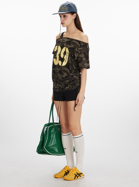Camouflage Off-Shoulder Short-Sleeved