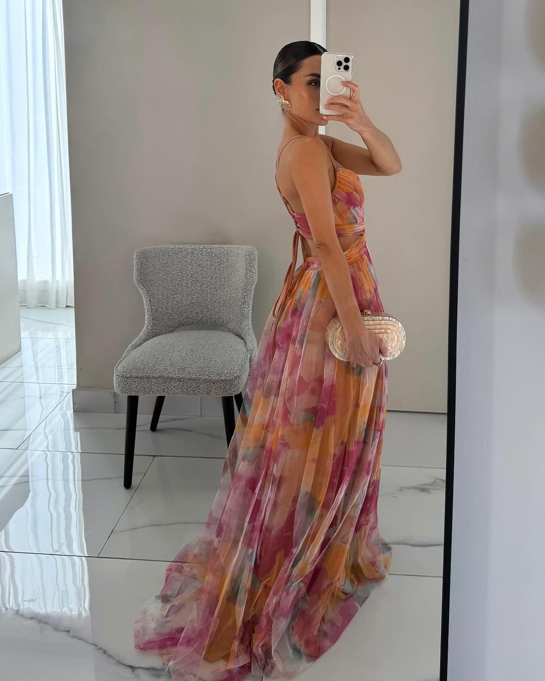 Spaghetti Strap V-Neck Floral Tulle Ruched Waist A-Line Maxi Dress