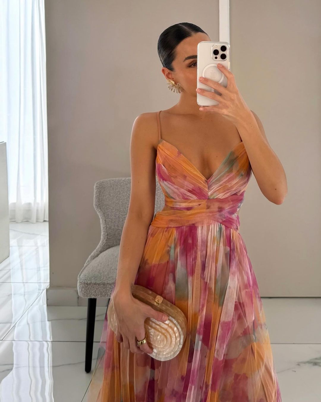 Spaghetti Strap V-Neck Floral Tulle Ruched Waist A-Line Maxi Dress