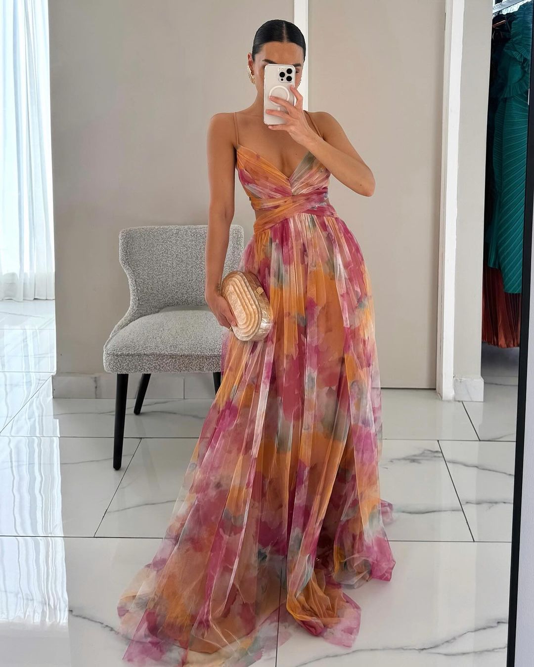 Spaghetti Strap Watercolor Floral Tulle A-Line Maxi Gown