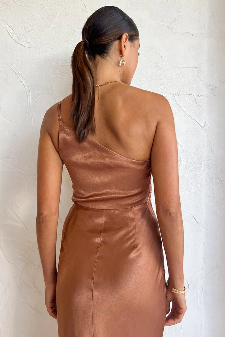 Regina Chic One Shoulder Ruched Evening Dress with High Slit and Cami Maxi Silhouette Collection