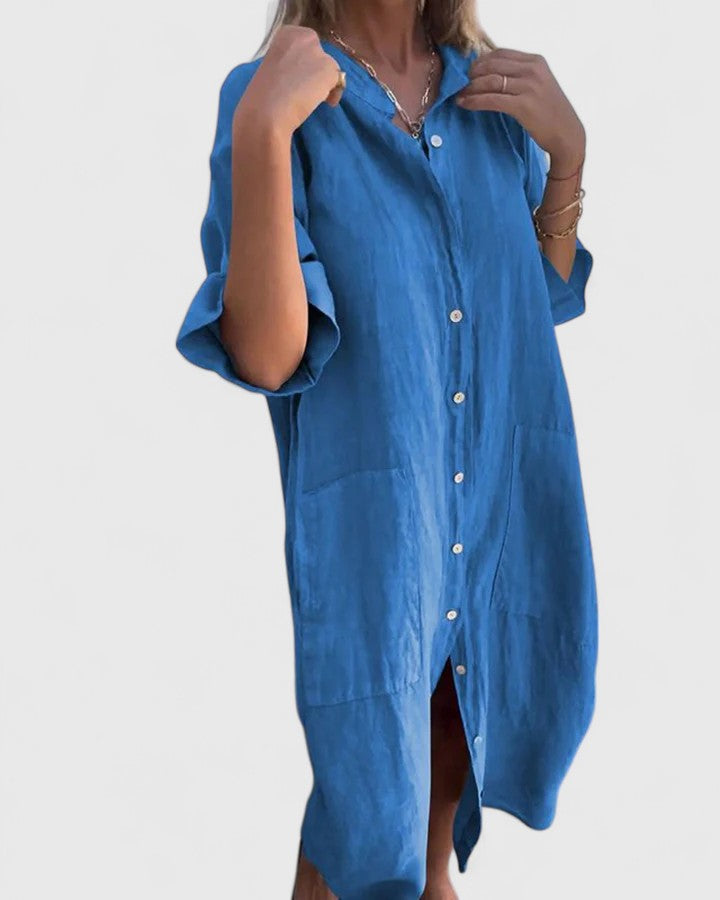Collared Button Front Rolled Sleeve Pocket Linen Shirt Midi Dress