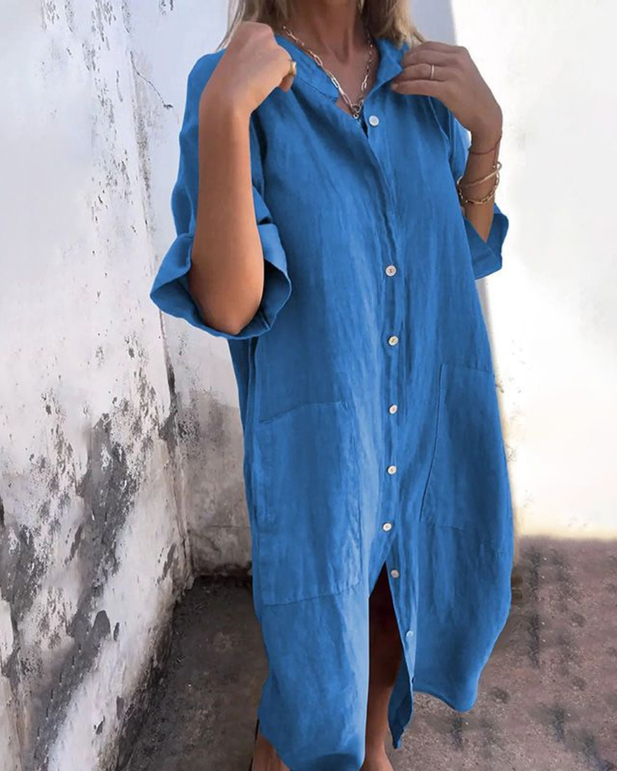 Collared Button Front Linen Pocket Shirt Midi Dress