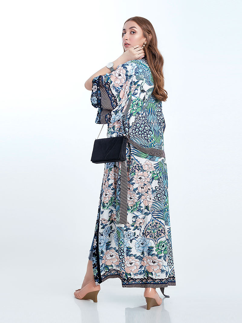Floral Peacock Print Open Front Long Kimono Duster