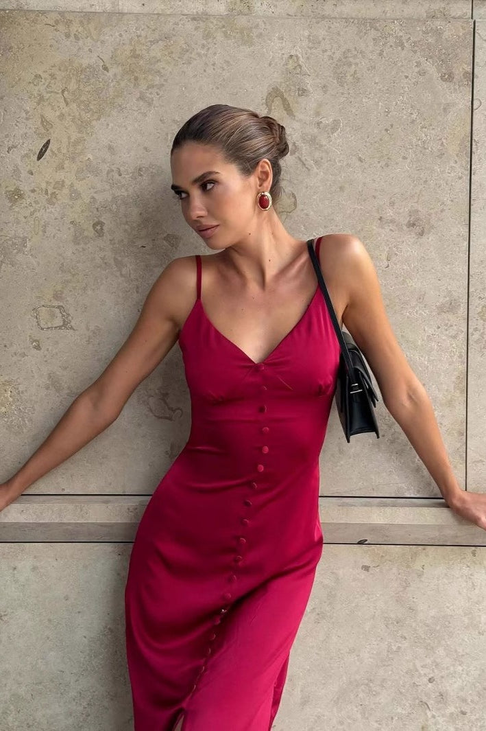 Solid LaceTrim Cami Maxi Silk Dress
