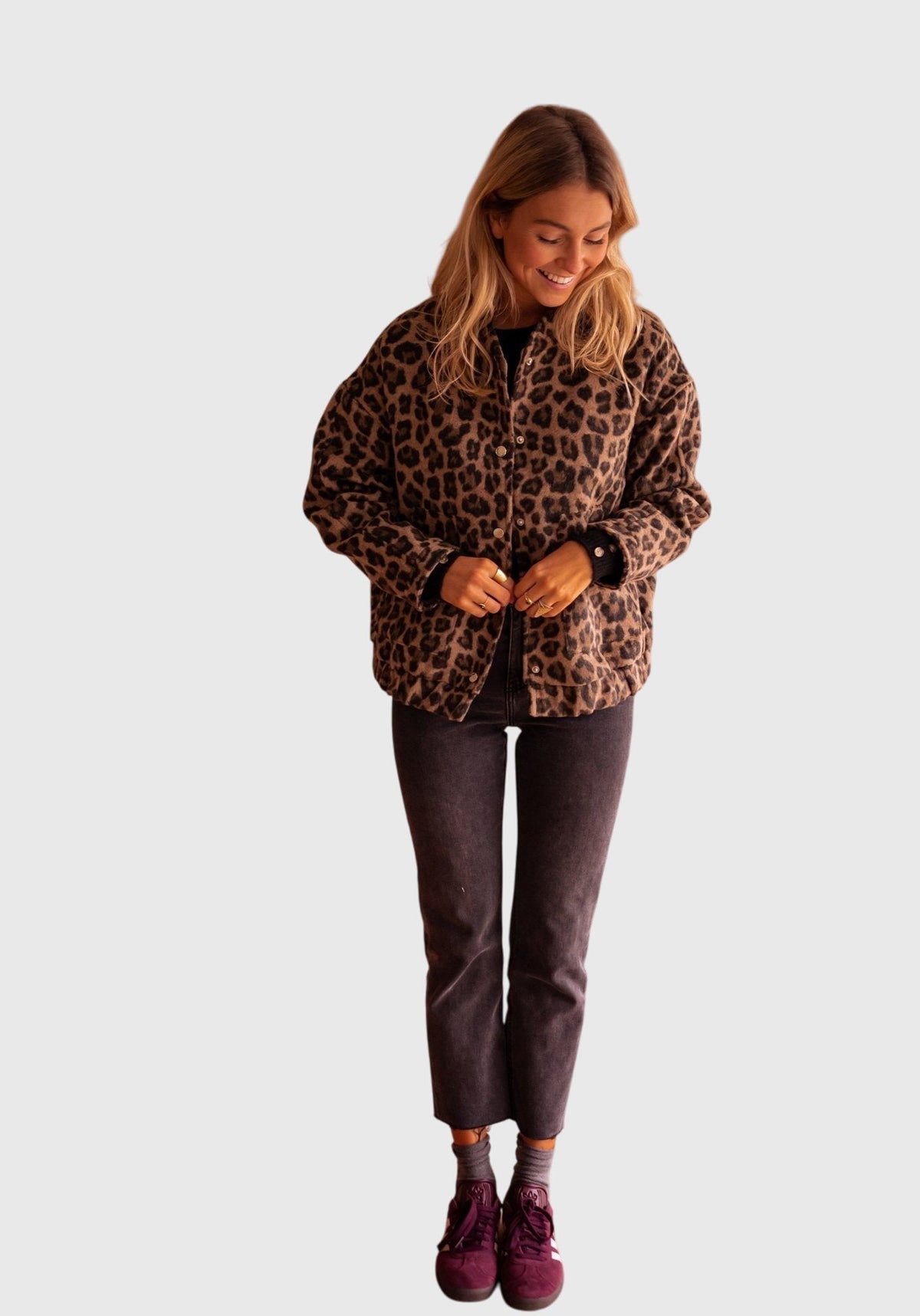 Leopard Collared Button Front Long Sleeve Leopard Print Jacket