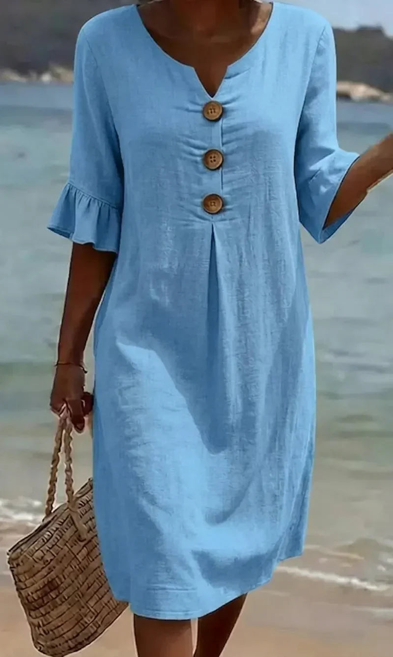 Notched Neck Wooden Button Ruffle Sleeve Shift Midi Dress