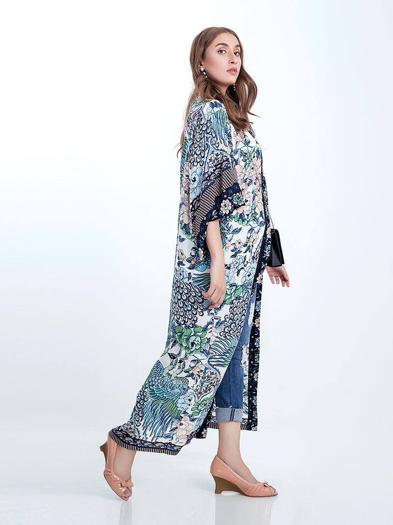 Floral Peacock Print Open Front Long Kimono Duster