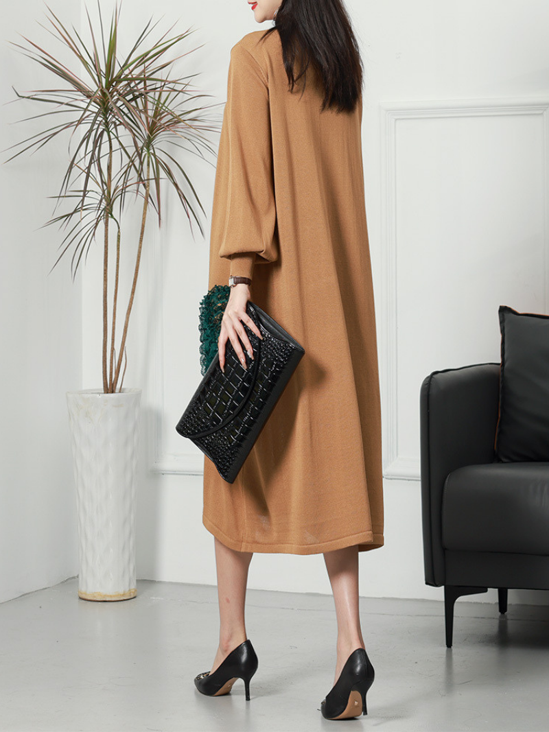 Round Neck Colorblock Lace Applique Long Sleeve Loose Midi Dress 9