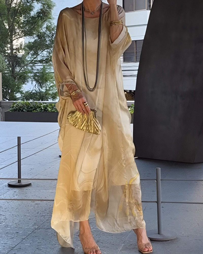 Round Neck Batwing Sleeve Abstract Marble Print Kaftan Maxi Dress