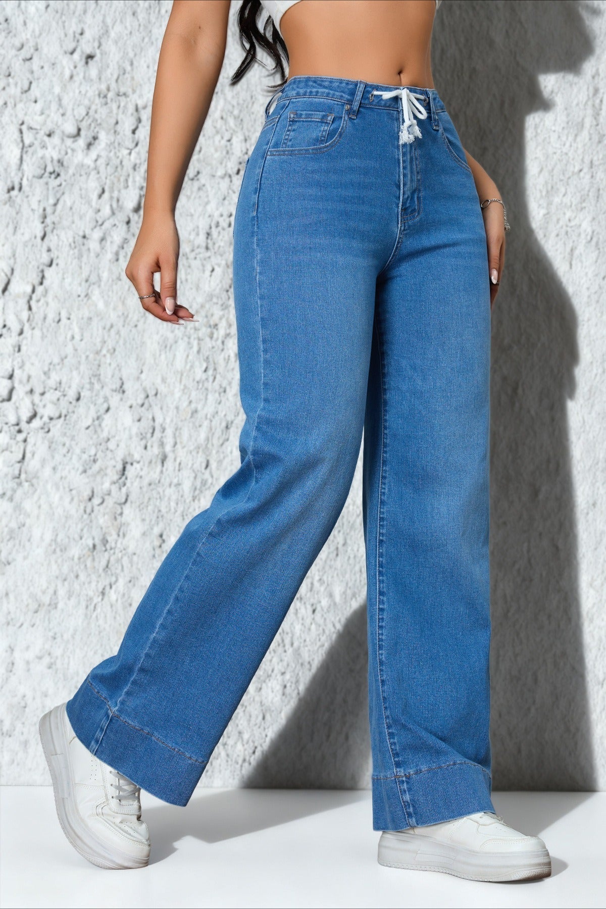 Drawstring Stretch Relaxed Straight Jeans