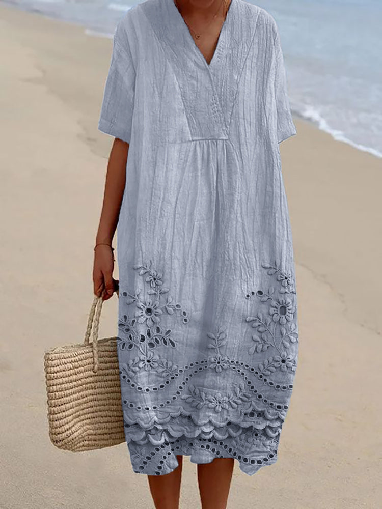 V-Neck Floral Eyelet Embroidery Short Sleeve Scalloped Cotton Midi Dress