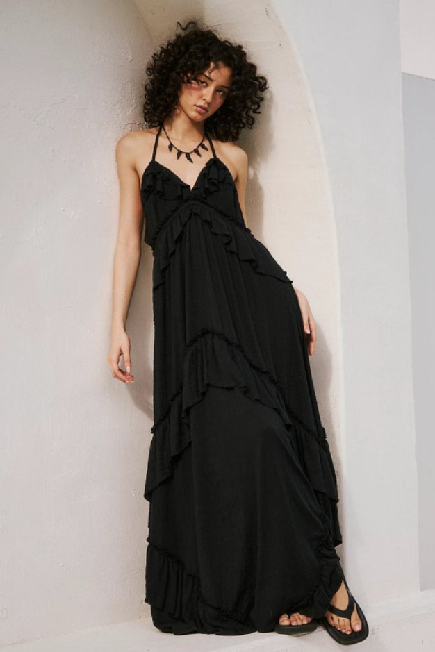 Halter Back Tie Tiered Ruffle Maxi Skirt Two Piece Set 10