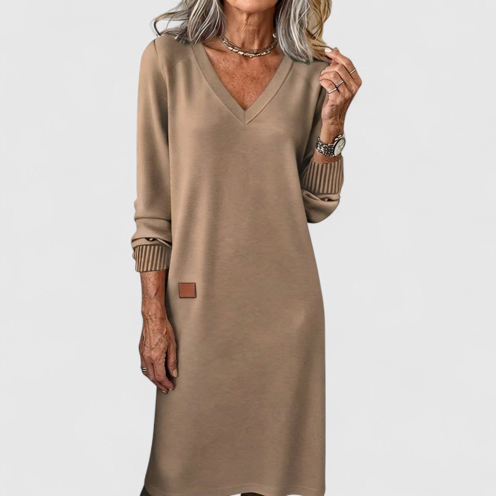 V-Neck Ribbed Cuff Long Sleeve Sweatshirt Shift Midi Dress