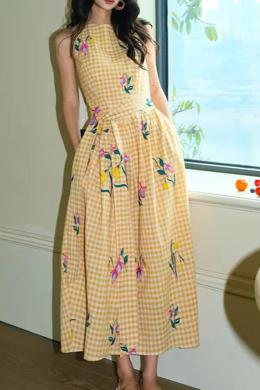 Vintage Heavy Floral Embroidery Tie Waist Sleeveless Long Floral Dress