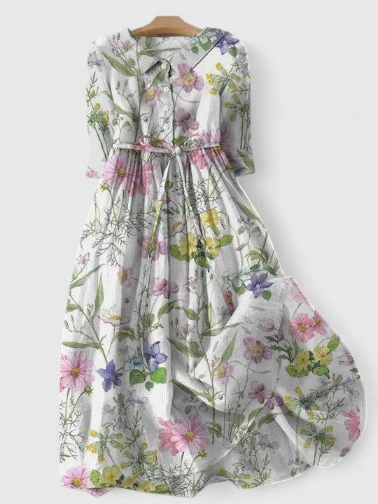 Multicolored Collared Button Front Wildflower Print Tie Waist A-Line Midi Dress