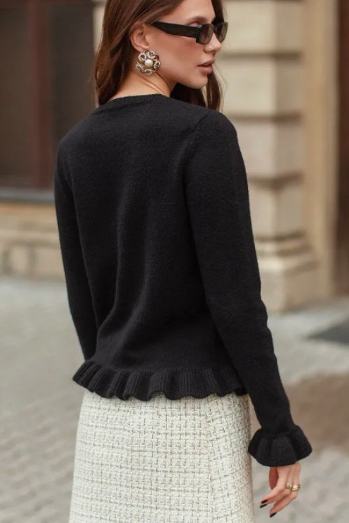 Crew Neck Layered Trim Long Sleeve Casual Knit Cardigan
