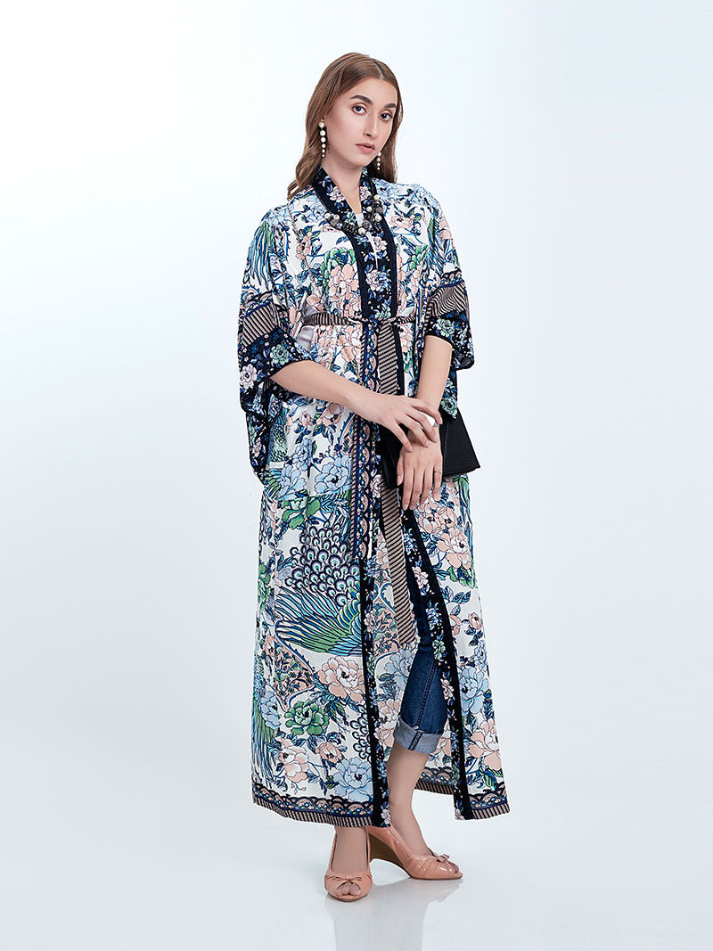 Floral Peacock Print Open Front Long Kimono Duster