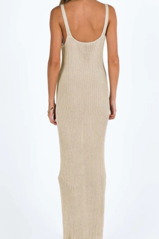 Khaki V Neck Tank Strap Pointelle Panel Rib Knit Maxi Dress 4