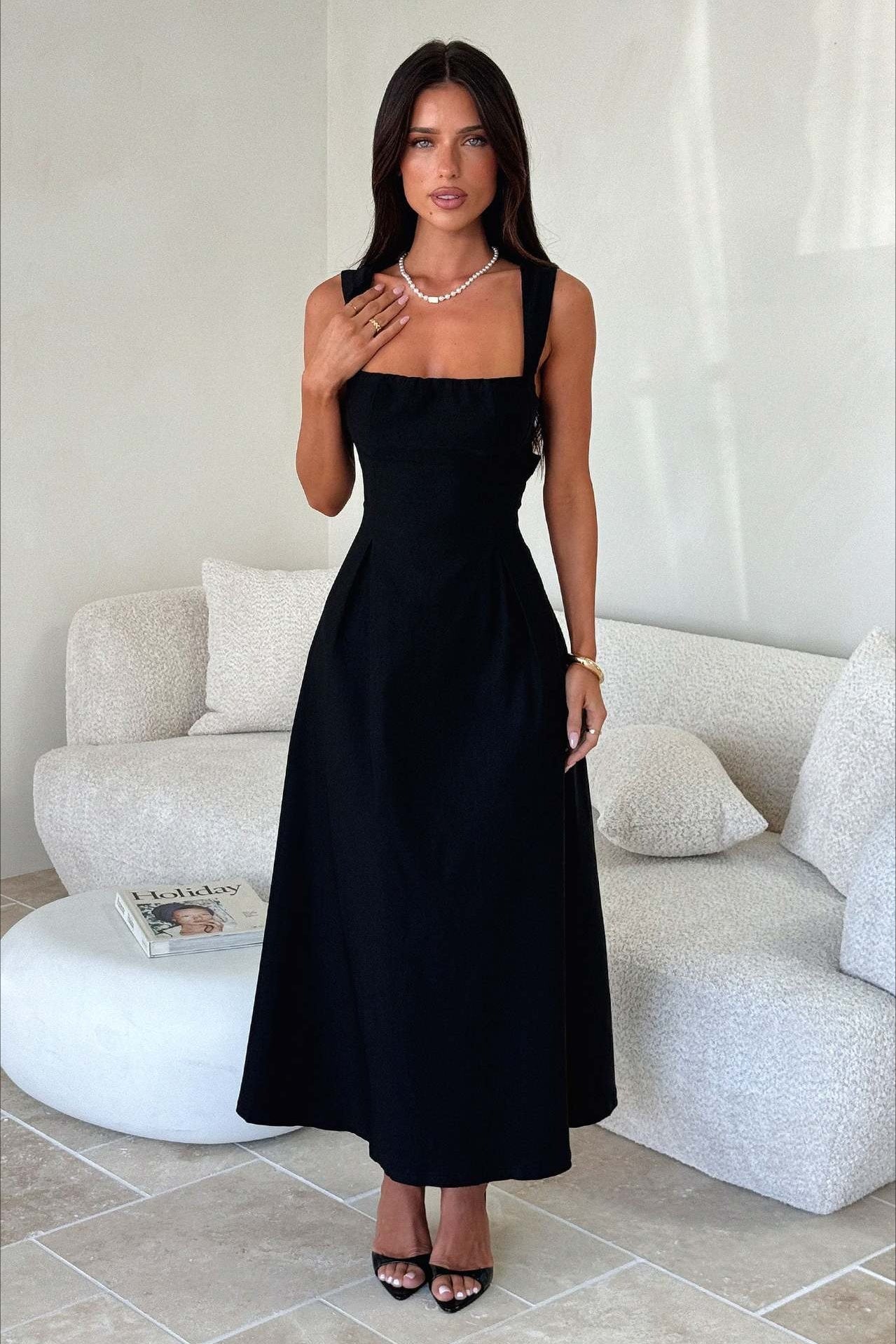 Square Neck Gathered Bust Wide Strap Pleated Pocket Midi Dress 5