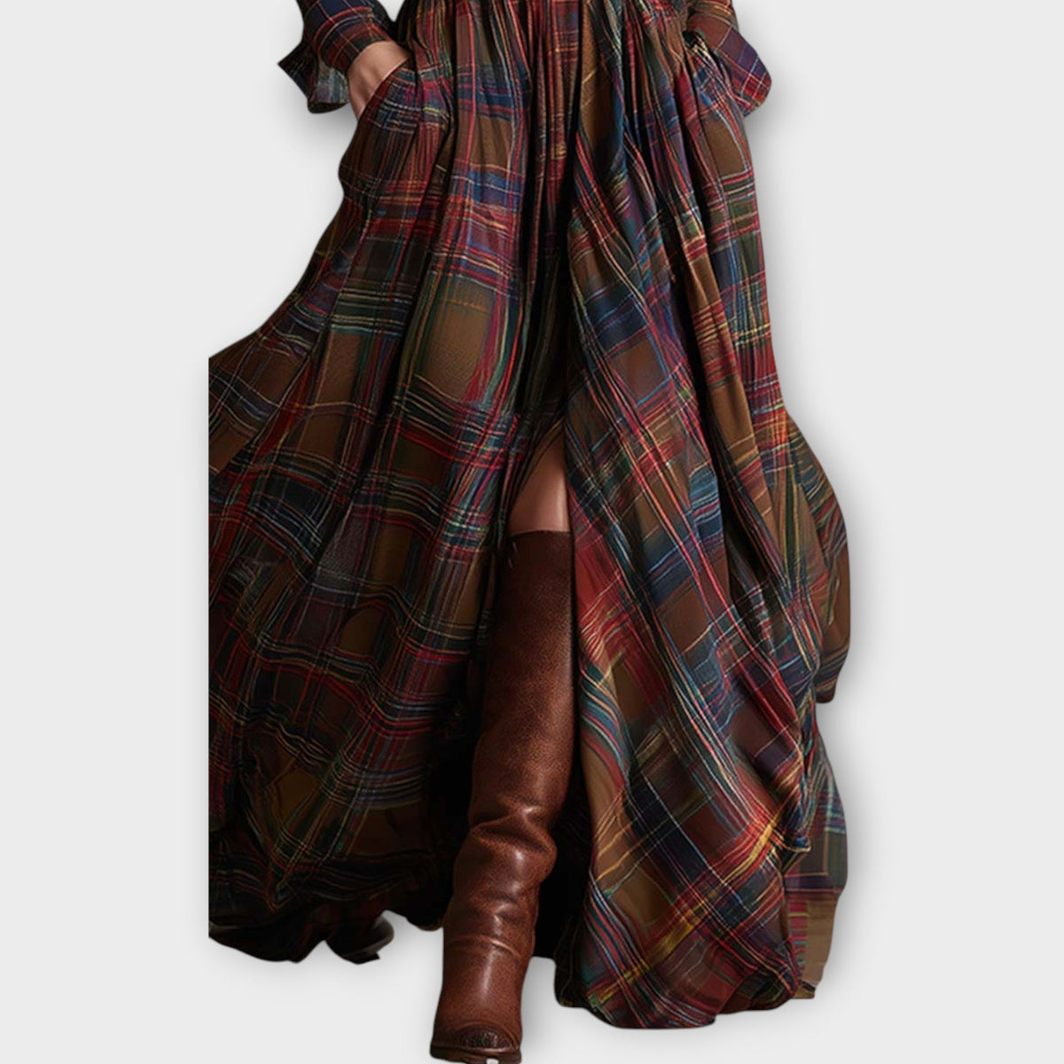 Collared Plaid Long Sleeve Belted Button-Front Flowing Maxi Shirt Dress