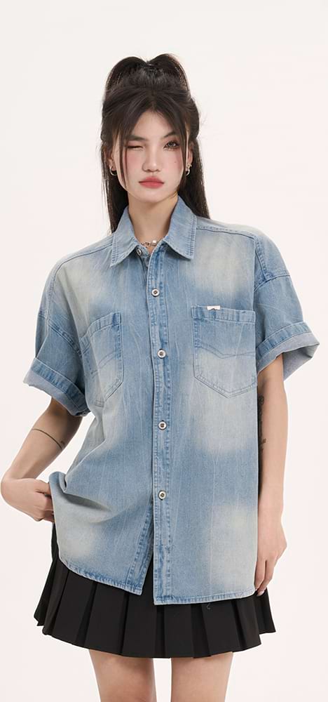 Oversized Faded Denim Button Shirt