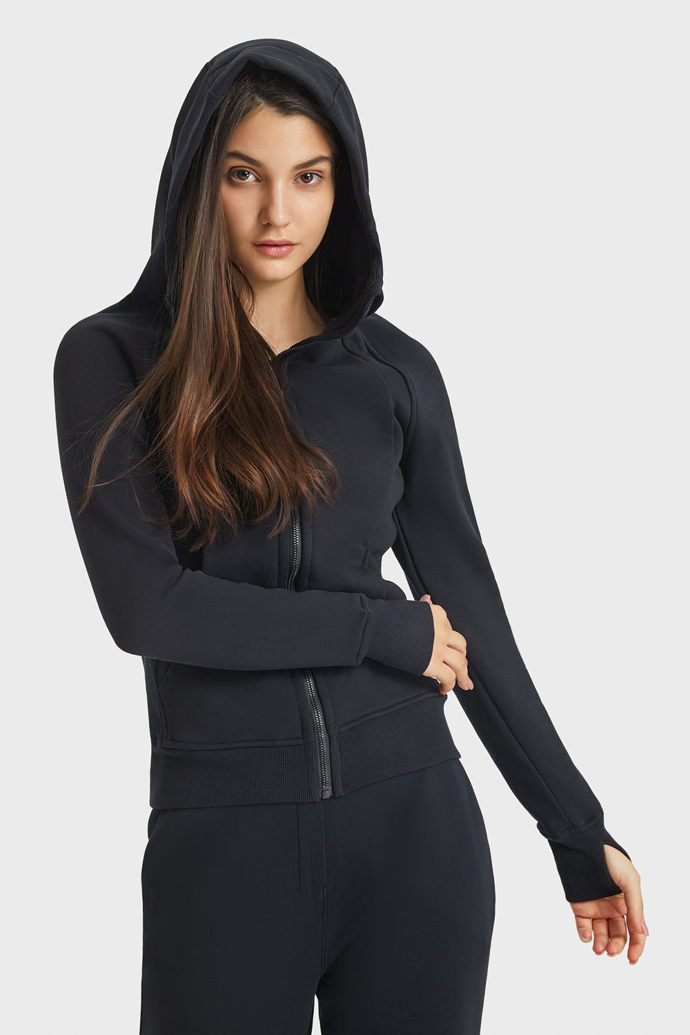 Zip Up Hooded Long Sleeve Thumbhole Fitted Sports Jacket