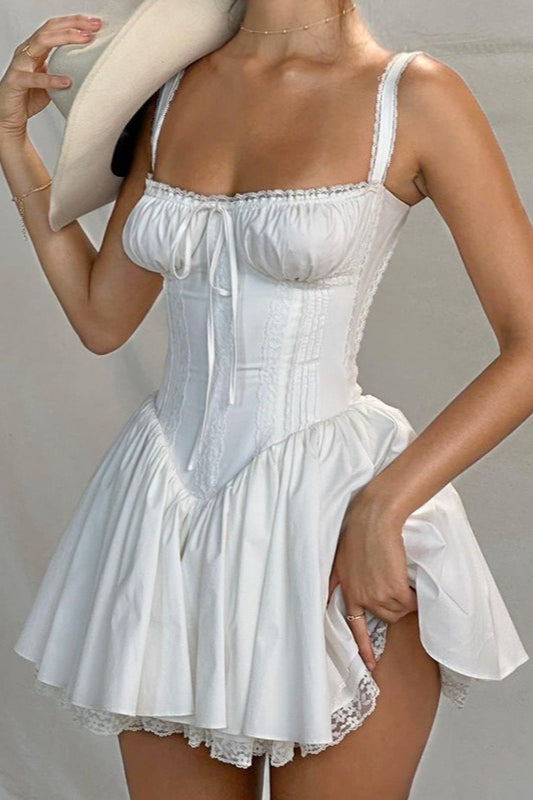 Spaghetti Strap Lace Trim Ballet Neck A-Line Mini Dress 2
