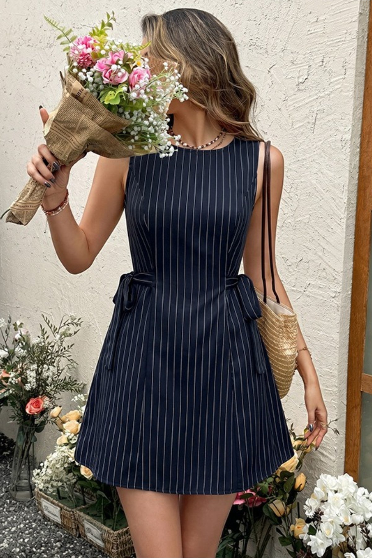 Striped Crew Tie A Line Elegant Work Dress