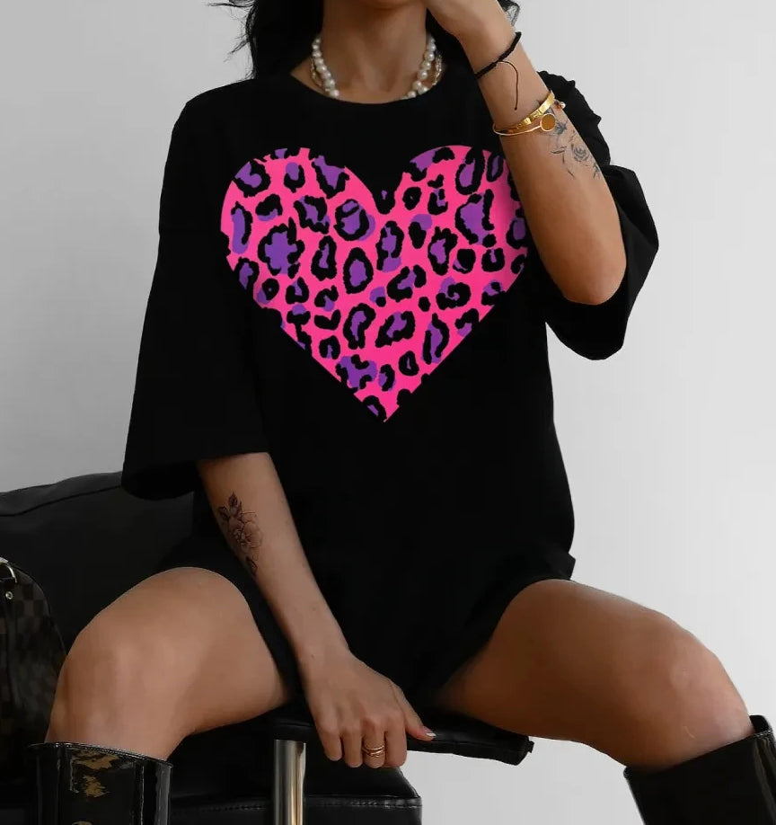 Leopard Heart Print Cotton Tshirt