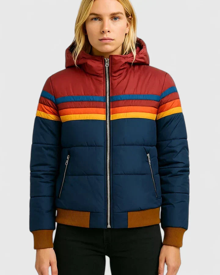 Stand Collar Zip-Front Retro Rainbow Stripe Puffer Jacket 3