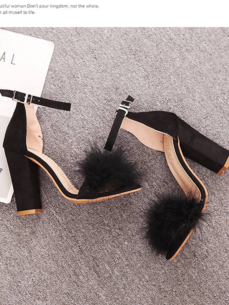 Fur Pom Ankle Strap Open Toe Block Heel Sandals