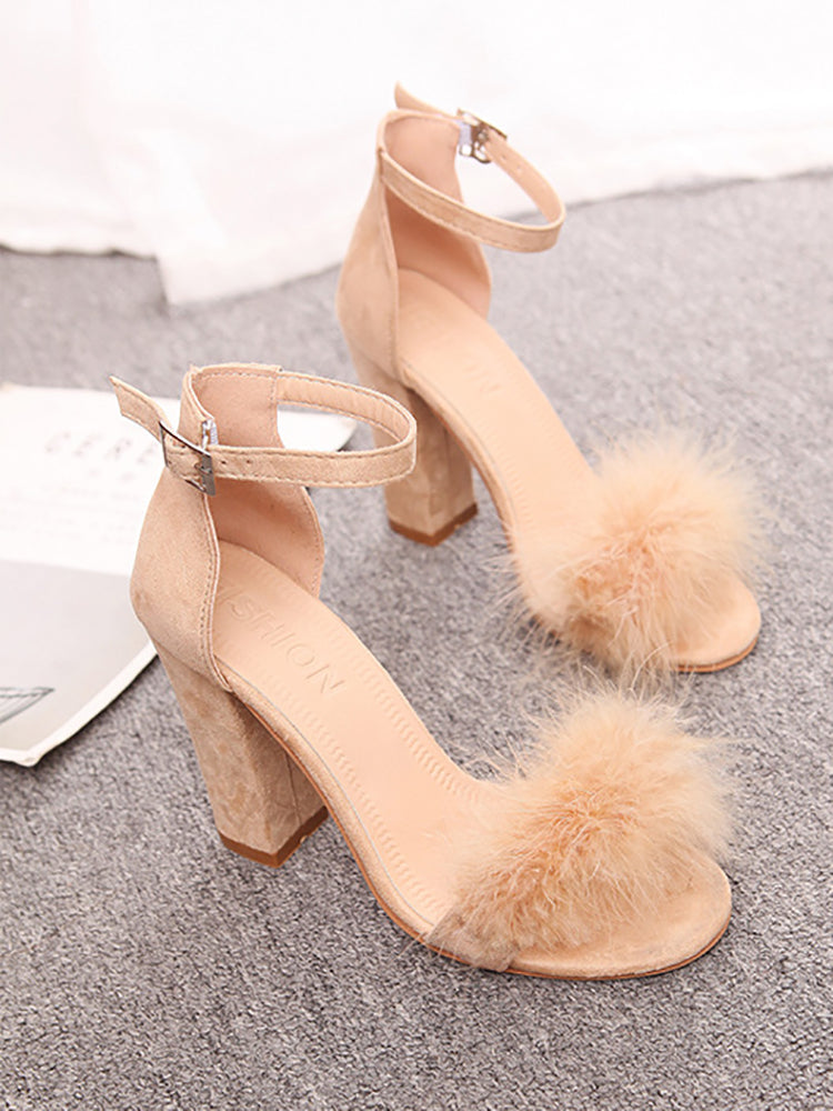 Fur Pom Ankle Strap Open Toe Block Heel Sandals