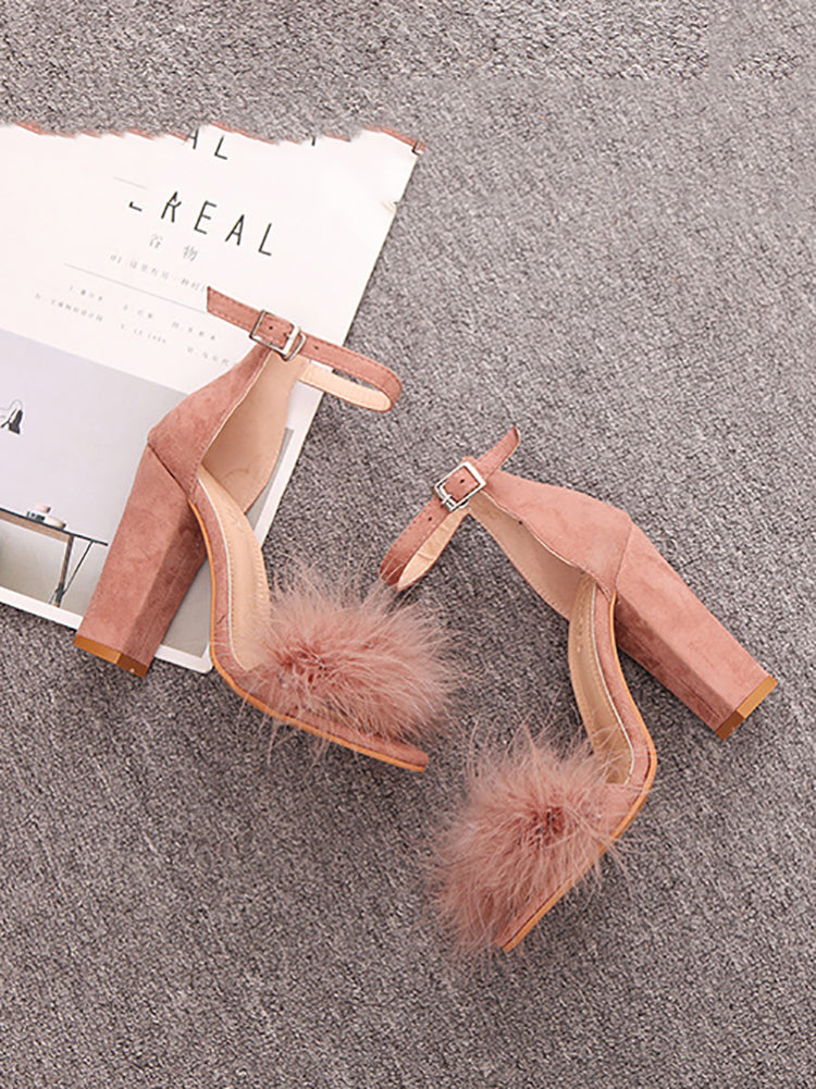 Fur Pom Ankle Strap Open Toe Block Heel Sandals