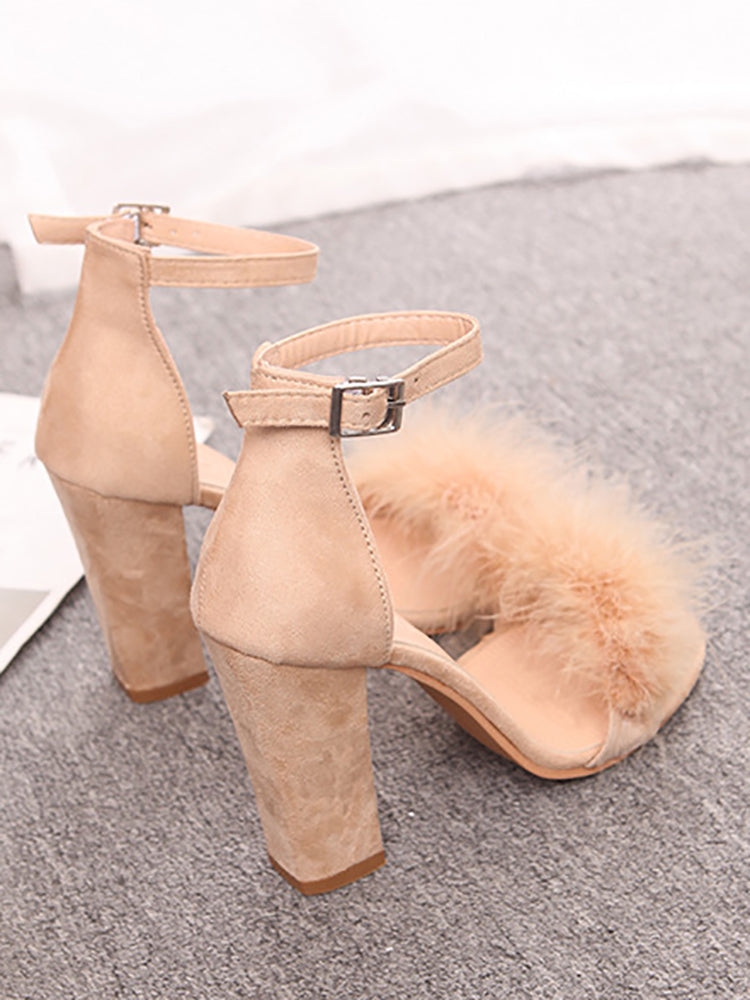 Fur Pom Ankle Strap Open Toe Block Heel Sandals