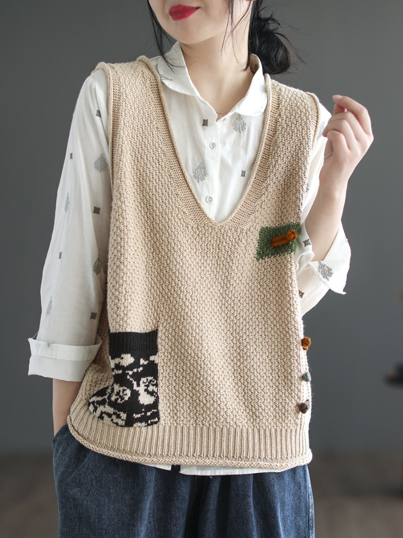 V-Neck Patch Pocket Knit Sleeveless Sweater Vest 7