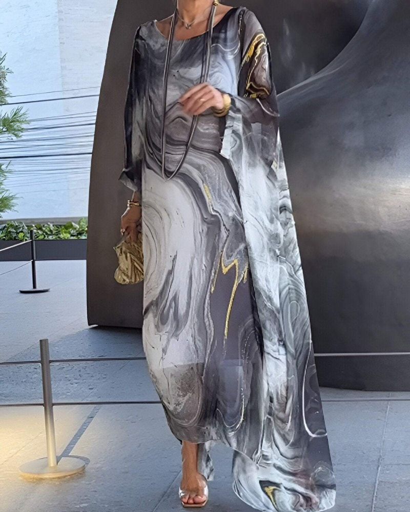 Round Neck Batwing Sleeve Abstract Marble Print Kaftan Maxi Dress