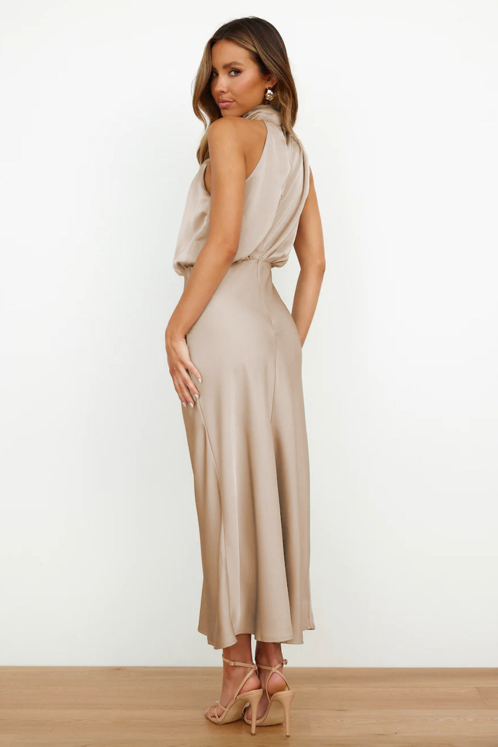 Draped Halter Neck Satin Sleeveless Blouson A-Line Midi Dress