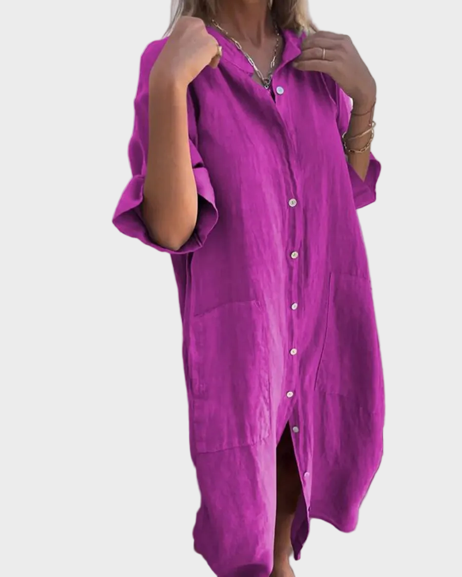 Collared Button Front Half Sleeve Pocket Midi Shirt Dress 5