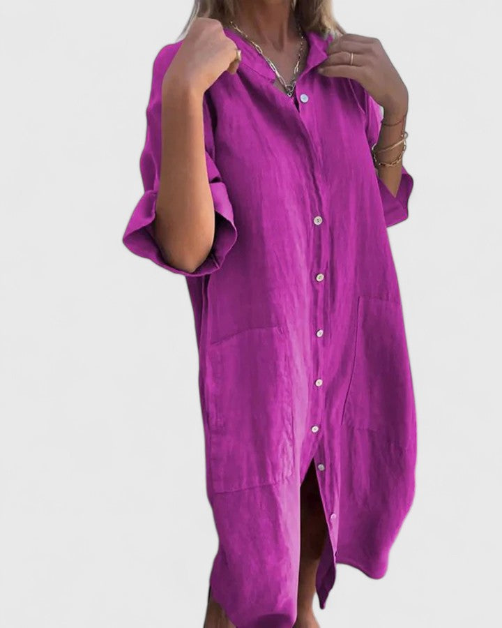 Collared Button Front Rolled Sleeve Pocket Linen Shirt Midi Dress