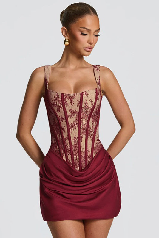 Square Neck Lace Print Ruched Patchwork Slip Dress